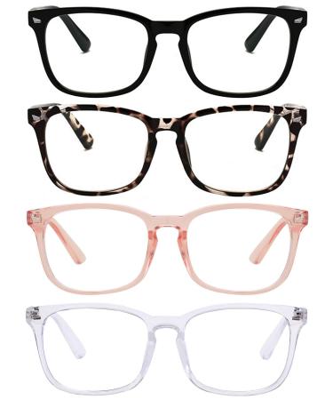 4 Pack Reading Glasses Blue Light Blocking Readers for Women Men Nerd Glasses Comfort Lightweight Eyeglasses Black Leopard White Pink 1.25 x