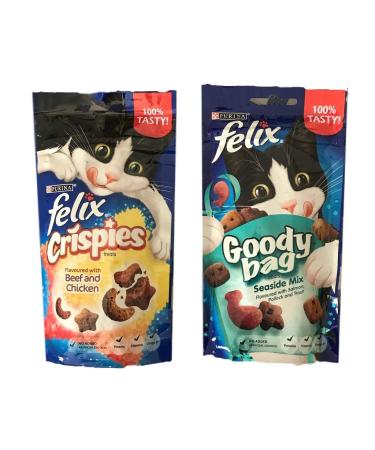Felix Goody Bag & Crispies Cat Treats Bundle - Crispies (Beef & Chicken) and Seaside Mix (Salmon Pollock & Trout) 60g (one bag of each)
