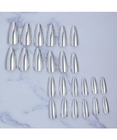 Silver Chrome Almond Press-On Nails | Glossy Medium Fake Nails - 24 Pcs | Acrylic Full Cover Stick-On Nails for Women & Girls - Buy Online on GoSupps.com