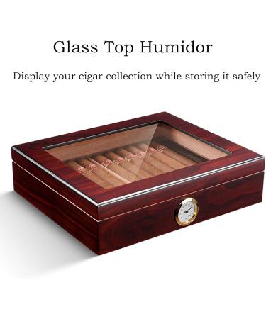 Cigar Humidor Case with Humidifier Hygrameter Cedar Wood Travel Cigar Case Glass Top Desktop Humidor Case Cigar Box with Divider Hold 35 Cigars Gifts for Men - Buy Online on GoSupps.com