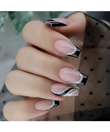 Black French Tip Press on Nails Coffin Medium Fake Nails with Silver Glitter Line Designs Glossy Coffin Nails Full Cover Nail Tips Glue on Nails Artificial Acrylic False Nails for Women 24Pcs A-8