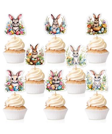 keonsatrz Easter Cupcake Topper 16PCS Watercolor Floral Easter Bunny Cupcake Topper Happy Easter Cupcake Topper for Easter Spring Party Supplies Rabbit Party Supplies