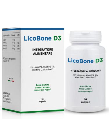 Licofarma Licobone D3 food supplement for bone health | With Vitamin D3 Vitamins C and E and Lycopene | Bottle of 90 capsules