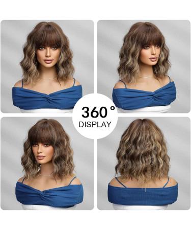 OUFEI Brown Mixed Blonde Wigs for Women Short Wavy Wig With Bangs Natural Synthetic Hair Heat Resistant Wigs for Daily Party Cosplay Wear - Buy Online on GoSupps.com