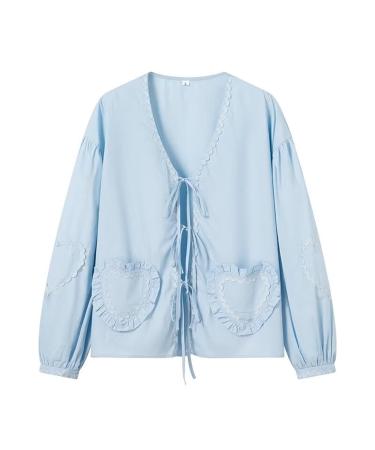 biJerou women's V-neck sleeve top checked blouse long-sleeved shirt baggy top love top casual shirt women old pink light blue L