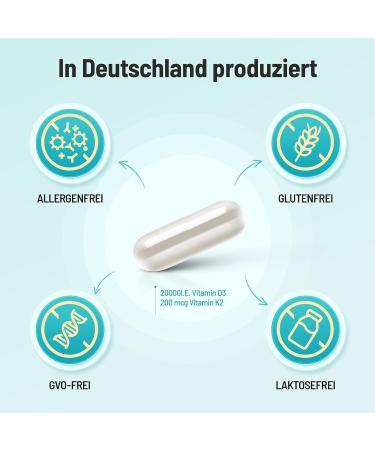 Vitamin D3 K2 Capsules - 20000 I.U. + 200 MCG K2 MK7 - 180 Vegetarian Capsules Additive-Free Made in Germany - Buy Online on GoSupps.com