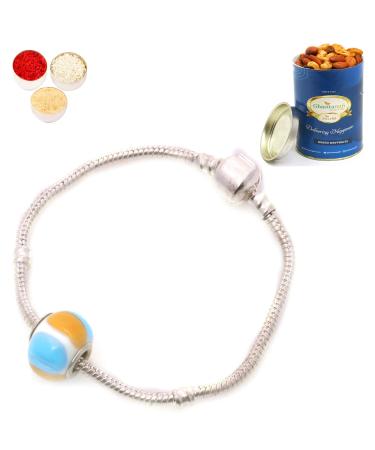 Ghasitaram Gifts Rakhi for Brother Rakhis Online- Premium Stone Magnetic Braclet with 100 GMS of Dryfruits Mix Can Rakhi Set with 100 gms of Dryfruits Mix Can