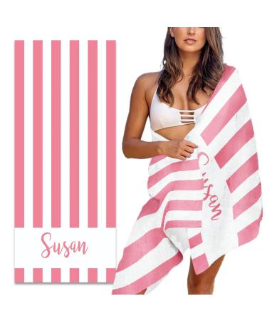 Personalized Beach Towel with Name Custom Sand Free Microfiber Towels for Beach Quick Dry Pool Towel Blanket Stripes Print Beach Towels for Adults Kids 30x60 Inch-Pink