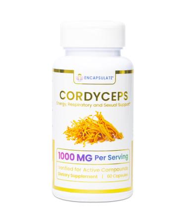 ENCAPSULATE Cordyceps Capsules 1000mg Premium Organic Fruiting Body 1:1 Mushroom Extract Adaptogen Mushroom Supplement for Performance Energy Stamina Kidney Health & Immune Support 60 Count