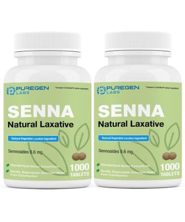 Puregen Labs Senna 8.6 mg Tablets 2 Pack (Total 2000 Count) Natural Sennosides Vegetable Laxative for Constipation Bloating Gas Irregularity Relief