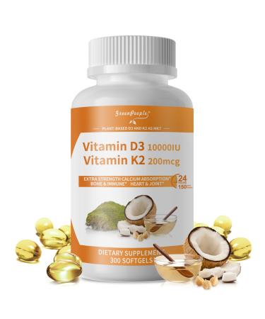 GREENPEOPLE K2 D3 Vitamin Supplement, Vitamin D-3 & K-2 MK-7, 10,000 IU/200 mcg, with Virgin Non-GMO Coconut MCT Oil | 300 Vegan Softgels | Bone Health, Immune Support 300 Count (Pack of 1)