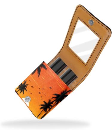 Leather Lipstick Case with Mirror - Mini Lip Gloss Organizer | Beach Palm Tree Sunset Design - Buy Online on GoSupps.com
