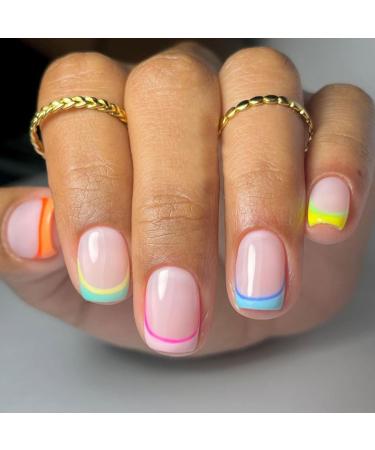 24 Pcs Pink Press on Nails Short Square - SHANRUN Summer Fall Fake Nails Press ons Nail Art Colorful French Tip Glue on Nails Full Cover Artificial Acrylic False Nails Glossy Design Stick on Nails Kit Design D01