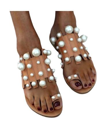 Womens Comfy Summer Sandals Casual Flat Round Toe Rhinestone Clip-toe Plantar Fasciitis Ladies Sandals for Orthopedic Bunion Corrector Women's Slippers 6 Brown