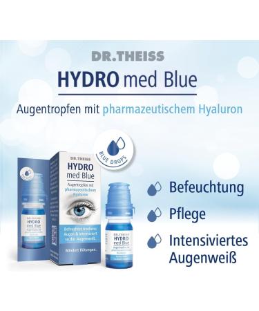 Dr. Theiss Hydro Med Blue Eye Drops | Hyaluronic Acid for Dry Eyes | Intensifies Eye Whiteness | Reduces Redness | Preservative-Free Eye Relief - Buy Online on GoSupps.com