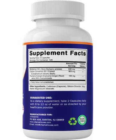 Vitamatic Berberine with Ceylon Cinnamon, 1500mg, 240 Vegetarian Capsules, Non-GMO, Gluten Free - Buy Online on GoSupps.com