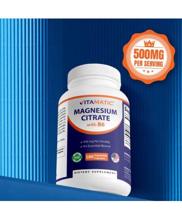 Vitamatic Magnesium Citrate 500mg per Serving - 180 Vegetarian Capsules (Provides 150 mg of Elemental Magnesium) - Added B6 for Maximum Absorption - Supports Muscle, Joint, and Heart Health* - Buy Online on GoSupps.com