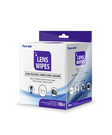 Pure-Aid Lens Wipes, Cleans Eyeglasses, Camera Lenses, Smart Phones and More - 100ct (Individually Wrapped Wipes) per pack (1pk)