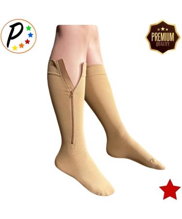 Premium Closed Toe 20-30 mmHg Compression Socks for Leg Pain - Zippered Beige - Small/Medium (1 Pair) | International Shipping Available - Buy Online on GoSupps.com
