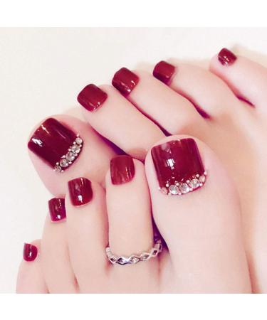 Uranian Rhinestone Glossy Press on Toesnails Red Solid Short Fake Toenails Square Full Cover False Toe Nails Acrylic Artificial Toenails Accessories for Women and Girls(24pcs) (A-Red) (A-Red) (A-Red)