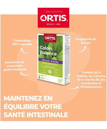 Ortis - Colon Balance Regular 54 Tablets - Food Supplement to Remedy Bloating and Flatulence - Intestinal Health - 100% Natural Lemon Balm - Buy Online on GoSupps.com