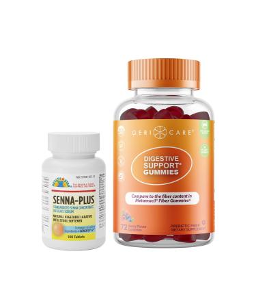 GeriCare Senna Docusate Sodium 50 mg & Sennosides 8.6 mg Capsules with 5g Dietary Fiber Gummies Bundle Natural Vegetable Laxative Gentle Stool Softener Digestive Support Bundle for Constipation
