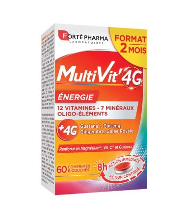 Forté Pharma - Multivit' 4G Energie - Food Supplement Shape and Tone - 12 Vitamins, 7 Minerals - Ginseng, Guarana, Magnesium, Ginger - Fatigue, Irritability - 60 Two-Layer Tablets