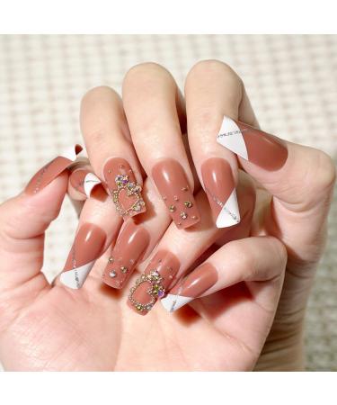 French Press on Nails - Long T Press On Nails with Nail Tips Glitter powder White Edge hollow love heart Dot drill Design Glossy Coral color press on nails Acrylic False Nails Cute Artificial Nails