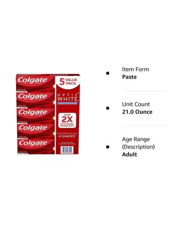 Colgate Optic White Advanced Teeth Whitening Toothpaste, Sparkling White 5-Pack - 21 Oz - Buy Online on GoSupps.com