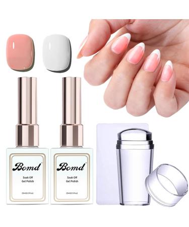 Gel Nail Polish Kit for French Tips Sheer Pink & White Nail Polish French Manicure Set with Nail Stamper Soak Off UV Nail Polish Manicure Tool for Women DIY at Home Color: Nude Pink