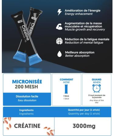 Cr atine Monohydrate 100% Pure 3000 mg Sticks | Micronis e | Prise de Masse Musculaire Force Endurance R cup ration nergie et Agilit Mentale | Vegan Sans Gluten No OGM | Pour Homme et Femme - Buy Online on GoSupps.com