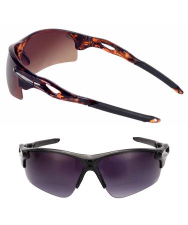2 Pair of "The Athlete" Precision Sport Wrap Bifocal Unisex Reading Sunglasses Black/Tortoise 2.0 x