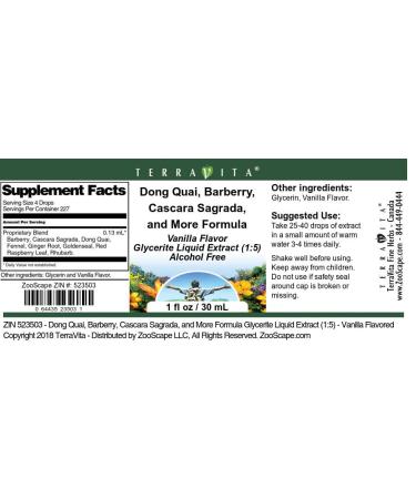 Dong Quai Barberry Cascara Sagrada and More Formula Glycerite Liquid Extract (1:5) - Vanilla Flavored (1 oz ZIN: 523503) - Buy Online on GoSupps.com