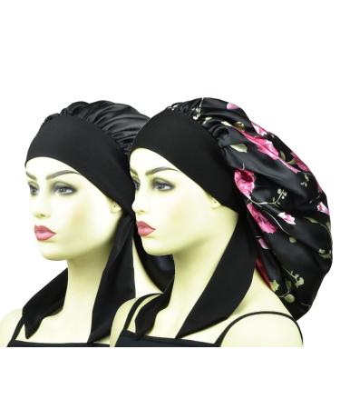 Silk Satin Hair Bonnets for Braids Long Curly Hair Cover Women XL Large Night Sleeping Cap Silk Bonnet with Elastic Tie Band Black+rose