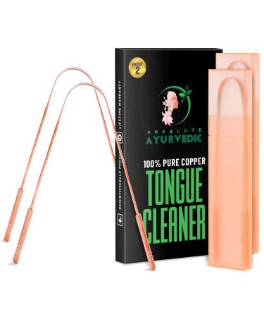 Absolute Ayurvedic Copper Tongue Scraper for Adults and Kids, 2 Pack, Metal Cleaning and Oral Hygiene Tool for a Cleaner Mouth and Fresh Breath, Dentist Recommended, Reusable 2 Count (Pack of 1)