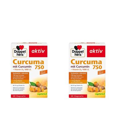 Double heart Curcuma 750 with curcumin + vitamin D3 1000 I.E. - Vitamin D supports the normal function of the immune system - 30 vegetarian capsules (pack with 2)