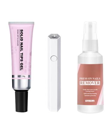 Solid Nail Gel Glue - Fake Acrylic Nails Kit - Long Lasting Adhesive Solid Rhinestone Glue With Remover And Curing Lamp For Acrylic Nails Extension