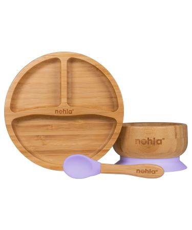 nohla - Bamboo Baby & Toddler Suction Plate Bowl & Silicone Spoon Weaning Set - Suction Ring for Secure Grip on Smooth Surfaces - Eco-Friendly BPA-Free - Lilac Lilac Set