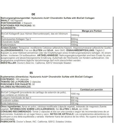 Doctor's Best Hyaluronic Acid + Chondroitin Capsules with BioCell Collagen - Joint Support & Skin Care - 180 Count - Buy Online on GoSupps.com
