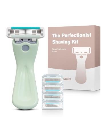4-Blade Metal Razor Handle Makes Shaving A Hassle-Free Experience for Men and Women + 4 Cartridges One-touch Replacement Razor Cartridge (Green)