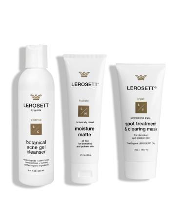 LEROSETT Acne Kit Includes Cleanser Moisturizer & Spot Treatment Mask Organic Calming Aloe & Clay Based Clears Acne Pimples Blackheads & Breakouts Vegan Acne Kit For All Skin Types