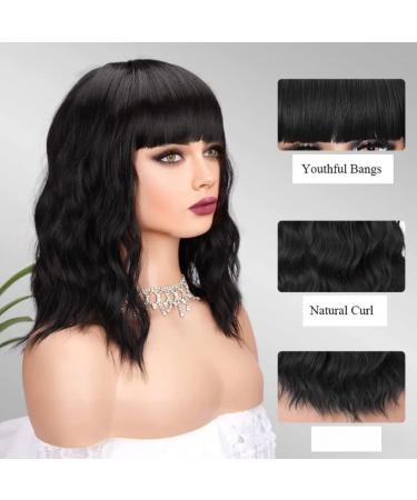 Chic 14 Inch Natural Black Bob Wig with Bangs for Women - Elegant Short Curly Wavy Hair Extensions - Buy Online on GoSupps.com