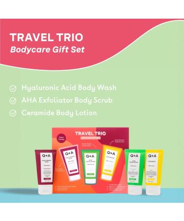 Q+A Travel Trio Body Care Giftset containing a Hyaluronic Acid Body Wash AHA Exfoliator Body Scrub and a Ceramide Body Lotion each item 50ml - Buy Online on GoSupps.com