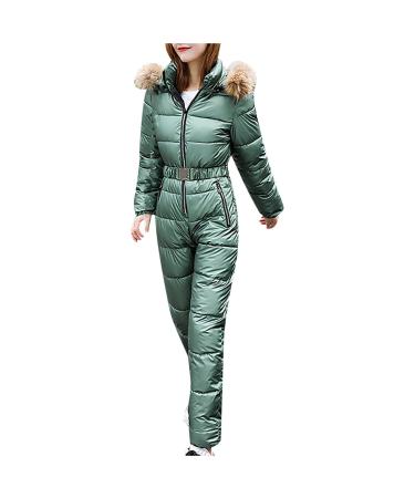 Women Winter Jumpsuit Puffer Snow Sports Hooded Snowsuit Outdoor Windproof Slim Fit Rompers Green Medium