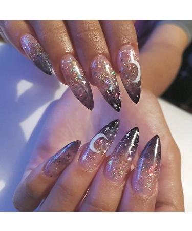 Acenail Extra Long Stiletto Press on Nails Glitter Glossy Moon Star Fake Nails French Clear Ombre False Nails Rhinestones Designs Acrylic Nails Artificial Full Cover Nail Accessories for Women and Girls 24Pcs (Stiletto A...