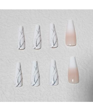 Bufenia Long Ballerina Artificial Fingernails - French Color Gradient Marble Design Shiny Orange Coffin Press-On Nails for Women & Girls 24 Pieces - Buy Online on GoSupps.com