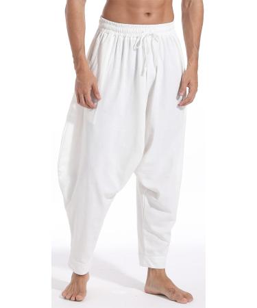 Perdontoo Men's White Casual Baggy Drawstring Harem Pants - Hippie Boho Aladdin Style - Buy Online on GoSupps.com