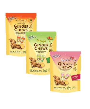 Ginger Chews Candy Original Flavo 4oz Original, Lemon, Orange, Mango, Lychee and Peanut Butter Flavors Natural Candy,Sweet and Spicy Chewy for Morning Sickness and Nausea Relief (Mango+Orange+Lychee)