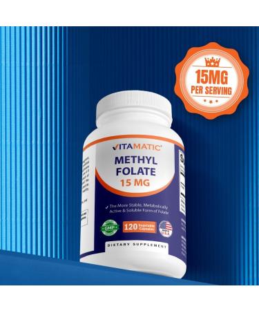 Vitamatic Methyl Folate 15mg 120 Vegetable Capsules - 2 Pack Optimized and Activated High Potency Metabolically Active Folate - Buy Online on GoSupps.com