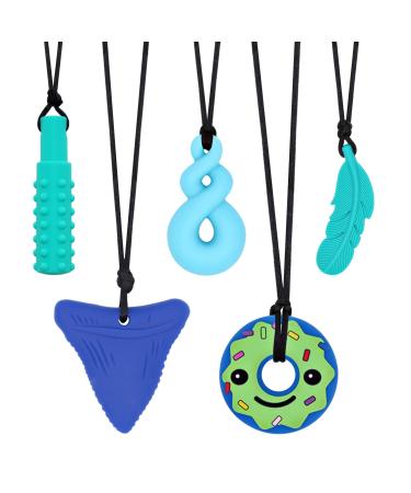 Chew Necklaces for Sensory Boys and Girls, 5PCS Silicone Chewy Necklace Sensory Kids with ADHD, SPD, Autism and Chewing Needs, Sensory Chew Necklaces for Adults Used for Reliving Anxiety and Stress